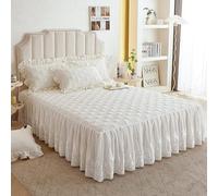 Floral Pattern Quilted Brocade Cotton Bedspread with Lace Ruffled Bed Skirt Decoration, Califonia King Bed Skirt, Light Turquoise