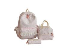 Floral-pattern Rucksack Set with Lace Trimming Decor, Matching Lunch Carry-bag and Pencil Holder Pouch, Soft-textured Bookbag Kit for School Campus Picnic Leisure Weekend Outdoor Trips