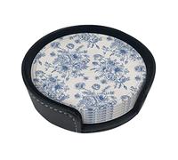 Floral Pattern with Bouquet of Blue Flowers Delicate Victorian Design,Night Blue White, Decorative Round Cup Mat Pad Rustic Round Coasters Pu Drink Coasters with Holder for Cup & Mug