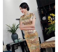Floral Patterned Satin Qipao Dress Designed for Women Seeking Style and Comfort at Home or During Social Events (XXL Gold)