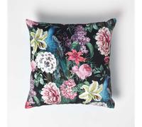 HOMESCAPES Teal & Black Reversible Velvet Floral Cushion 46 x 46 cm Filled Decorative Throw Pillow with Floral Peacock Design Cushion Insert Included