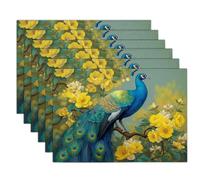Floral Peacock Table Fabric Placemats Set of 4, Durable Machine Washable Reusable Vintage Animal Cotton Linen Non-Slip Table mats for Party Holiday Decor and Everyday Use (45x30cm, Yellow)