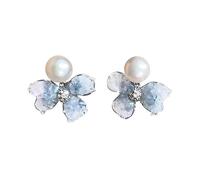 Floral Pearl Stud Earrings with Iridescent Petals and Crystal Center for Delicate Look