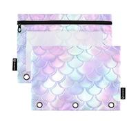 Floral Pencil Pouch 3 Ring Binder Mermaid Scales Pastel Zipper Binder Pencils Bags Clear Binders Pen Case School Cute 9.8" x 7.1", 2 Packs