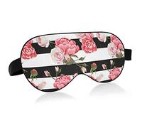 Floral Peony and Roses Flowers On Black White Stripes Eye Masks Cover Blocks Light Sleep Mask Shade Cover Blindfold Relaxing Eyeshade Cover with Adjustable Head Strap for Men Women Kids