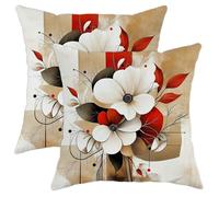 Floral Pillow Covers Set of 2, Cream and Red Flower Pattern Throw Pillow Case, Decorative Square Modern Farmhouse Decor Cushion Covers for Home Sofa Bed Couch 20x20 Inch