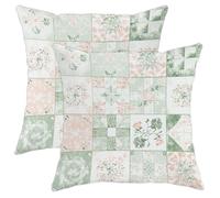 Floral Pillow Covers Set of 2, Sage Green Patchwork Design Throw Cushion Cases, Spring Decorative Farmhouse Decor for Sofa Bed Couch 18x18 Inch