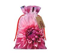 Floral Pink Dahlia Flower Burlap Drawstring Gift Bag With Tag, Reusable Linen Pouch For Christmas, Birthday, Party, Small Gift Packaging M