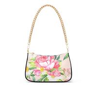 Floral Pink Peonies Daisies Tote Handbag Womens Ladies Shoulder Bag Prints Zipper Hobo Party Purse with Chain Strap
