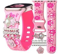Floral Pink Silicone Band With Charms Compatible for Apple Watch Women 41mm 40mm 38mm 44mm 45mm 46mm 42mm 49mm,Rose Purple Wine Dressy Bling Engraved Strap for iphone Watch Series 11 10 9 8 7 6 5 4
