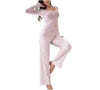 Floral Pjs Sets for Women Soft 2 Pieces Pyjamas Set Long Sleeve Button V Neck Cropped Tops and Pants Sleepwear Flower Print Pyjamas Set Comfty Pajamas Cotton Classic Pj Set Ladies Clearance