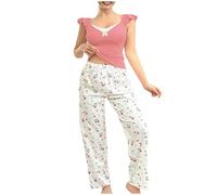 Floral Pjs Sets for Women UK Clearance Soft 2 Pieces Pyjamas Set Ruffle Sleeveless Lace V Neck Cropped Tops and Lounge Pants Sleepwear Flower Print Pajama Set Comfty Cotton Classic Pj Sets Ladies