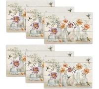 Floral Placemats Set of 6 Flower Hummingbird Table Mats Washable Place Mats for Home Party Indoor Kitchen Dining Table Decoration 12x18 Inch