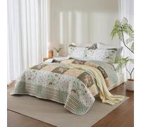 Floral Plaid Patchwork Quilt Set King Green Beige White Printed Bedding | Vintage Country Rose Flower & Striped Color Block Bedspread, 3 Pcs Soft Lightweight Microfiber Coverlet Set, All Seasons