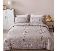 Floral Plum 3D Printed Duvet Cover Sets Double Size Soft Brushed Microfibre Reversible Japanese Trees Natural Bed Quilt Covers with Pillowcases Easy Care Bedding Set Zipper Closure Beige Grey