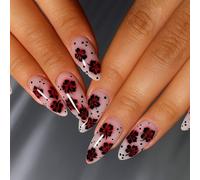 Floral Press-On Nails Short Almond Shape with 3D Flower Design - Elegant Red & Black Bloom Nude Base Gothic Coffin Acrylic Summer Fake Nails Kit for Women, Medium Length Artificial Stick On Tips