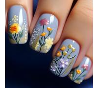 Floral Press-On Nails with 3D Flower & Gold Glitter Art - Hand Painted Short Square Fake Nails Kit for Women, Spring Summer Manicure, Home DIY Easy Application, Wildflowers Design on Grey Base