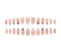 Floral Press Type Nails With Marble Texture Glossy Finish Fingernail Art Easy Adhesive False Nails For Women French Tip False Nail