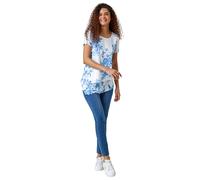 Roman Originals Floral Print Asymmetric Hem Top for Women UK - Ladies Everyday Autumn Winter Round Neckline Comfy Soft Evening Vacation Work Party Night Out - Blue - Size 10