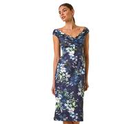 Roman Originals Off The Shoulder Floral Dress for Women UK - Ladies Everyday Holiday Spring Summer V-Neckline Comfy Soft Evening Vacation Work Party - Navy - Size 16