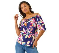 Roman Originals Bardot Top Off Shoulder Blouse for Women UK - Ladies Floral Print Shirt Palm Leaf Tropical Ditsy Cold Shoulder Jersey Frill Cuff Summer Spring Holiday - Navy Floral - Size 16
