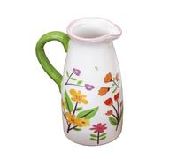 Floral Print Ceramic Jug Vase, White, Glazed Finish, 14x21x10cm, Multicolour Botanical Flower Design, Table Home Decor