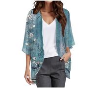 Floral Print Chiffon Cardigan Womens Cardigan Long Sleeve Open Front Cardigans Loose Casual Lightweight Ladies Long Sleeve V-Neck Sweaters Blue