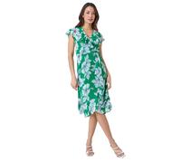 Floral Print Chiffon Frill Wrap Midi Dress Roman Green 12