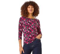 Roman Floral Print Contrast Trim Top for Women UK - Ladies Autumn Everyday Winter Holiday Round Neckline Comfy 3/4 Sleeve Soft Stretch Jersey Tee Office Desk Shirts - Pink - Size 14