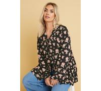 Yours Curve Floral Print Gathered Bow Tie Front Top - Women's - Plus Size Curve Black