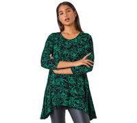 Floral Print Hanky Hem Stretch Tunic Top Roman Green 10