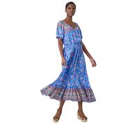 Roman Floral Print Keyhole Maxi Dress for Women UK - Ladies Spring Everyday Summer Holiday Round Neckline Comfy Short Sleeve Soft Fit & Flare Frock Vacation Gowns - Blue - Size 12