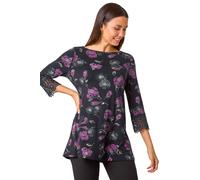 Roman Originals Floral Soft Stretch Jersey Top for Women UK - Ladies Everyday Autumn Winter Round Neckline Comfy Soft Evening Vacation Work Party Night Out - Black Purple - Size 12