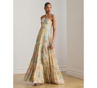 Floral Print Long Bustier Party Maxi Dress Ecru Print
