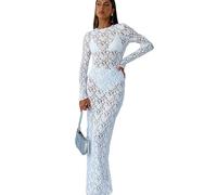 Floral Print Long Sleeve Sexy Bodycon Sheer See Through Maxi Dress Fall Women Fashion Streetwear Party Outfit Y2K White