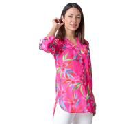 Roman Originals Shirt Top for Women UK Ladies Collarless Blouse Smart Tunic Button Through Longline Asymmetric Hem 3/4 Length Roll Up Sleeves V Neck Going Out - Cerise Multicoloured - Size 12