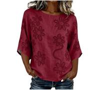 Floral Print Round Neck Boho Tops for Women UK Textured 3/4 Sleeve Casual Blouse Loose Fit Curved Hem Tunic Top Breathable Lightweight Shirt for Daily Beach Commute Holiday Outfit Wine