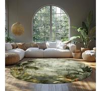 Floral Print Round Rug for Classroom Washable Dark Green Tropical Leaf Area Rugs Non-slip Soft Stain-Resistant Carpet for Bedroom Dining Room Dorm Living Room Misty Jungle Botanical Design 180cm