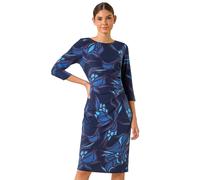 Roman Originals Ruched Waist Dress for Women UK Ladies Side Pleat Winter Autumn Textured Fitted Shift Pencil Smart Lined Fitted Stretchy Jersey Work Knee Length Round Neck - Blue Noir - Size 18