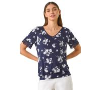 Floral Print V-Neck Lace Stretch Top Roman Navy 16