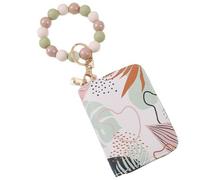 Floral Print Wallet Bracelet Keychain, Accordion Style Pocket Card Holder Shiny Beaded Silicone Wristlet Key Holder Key Ring for Women, Light Green Leaf, One Size, Wristlet Bracelet Keychain With Card