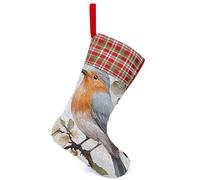 Floral Print Watercolor Robin Bird Christmas Stocking 13.2in, Glitter Sequins Xmas Stocking with Hanging Loop, Fun Gift Bag for Holiday Party Decor, One Size