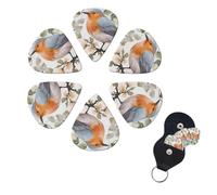 Floral Print Watercolor Robin Bird Guitar Picks 6 Pack, 0.71mm Thickness Celluloid Bass Pick with Leather Guitar Pick Holder Keychain Abstract Art Pics Plectrum for Acoustic Electric Guitar