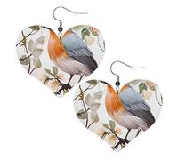 Floral Print Watercolor Robin Bird Leather Earrings for Women Heart Earring Lightweight Dangle Drop Earring Set Jewelry Gift