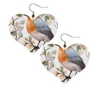 Floral Print Watercolor Robin Bird Leather Earrings for Women Heart Earring Lightweight Dangle Drop Earring Set Jewelry Gift, One Size, No Gemstone