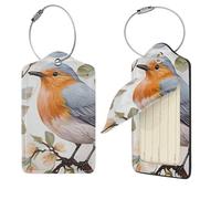 Floral Print Watercolor Robin Bird Luggage Tag 4 PCS PU Leather Suitcase Tags Identifiers Travel Tags with Privacy Protection and Stainless Steel Loop Luggage Bag Tag for Women Men