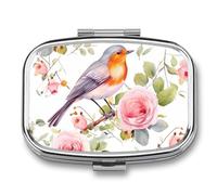 Floral Print Watercolor Robin Bird Pill Box 2 Compartment, Portable Pill Case with Mirror for Pocket Purse Travel, Mini Metal Medicine Organizer for Vitamins Fish Oil