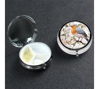 Floral Print Watercolor Robin Bird Pill Box 3 Compartment Metal Pill Case Portable Travel Pill Organizer for Pocket or Purse Decorative Round Medicine Box Vitamin Container