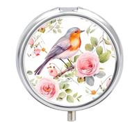 Floral Print Watercolor Robin Bird Pill Box Medicine Pill Organizer 3 Compartment Daily Pill Case Small Pill Container Round Pill Holder Travel Pill Box Metal Pill Case for Purse Pocket