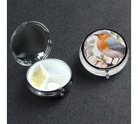 Floral Print Watercolor Robin Bird Pill Box with Mirror 3 Compartment Decorative Pill Case for Purse or Pocket Small Round Pill Organizer Weekly Metal Medicine Tablet Vitamin Holder Travel Gift